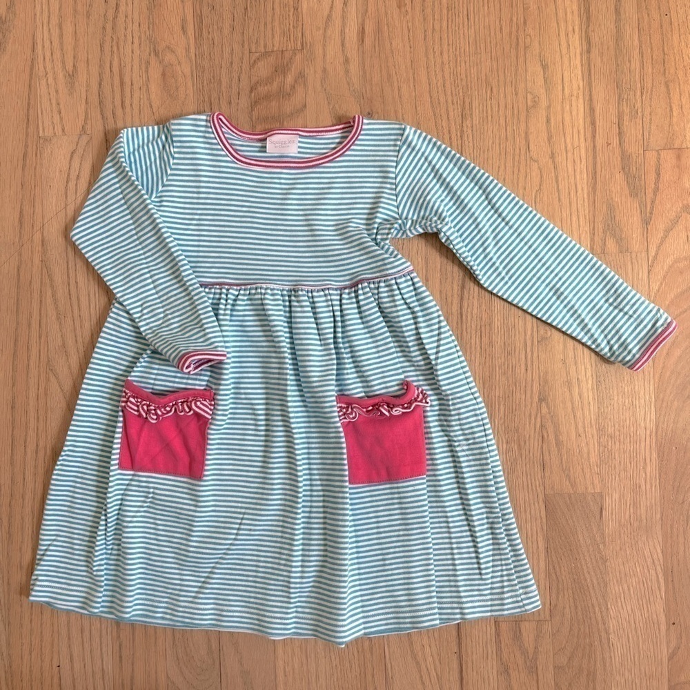 Squiggles by Charlie Ruffle Pockets Striped Dress Sz 6 Pima Cotton Pink Blue